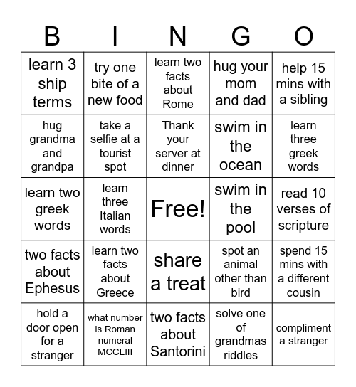 Cruising Bingo Card