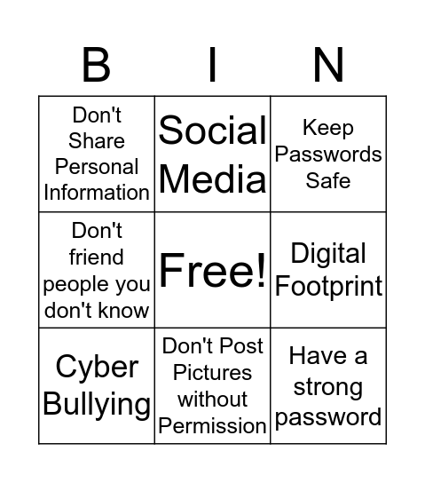 Cyber Bullying Bingo Card