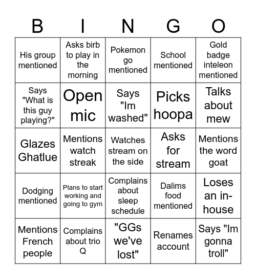 Dalim Bingo Card