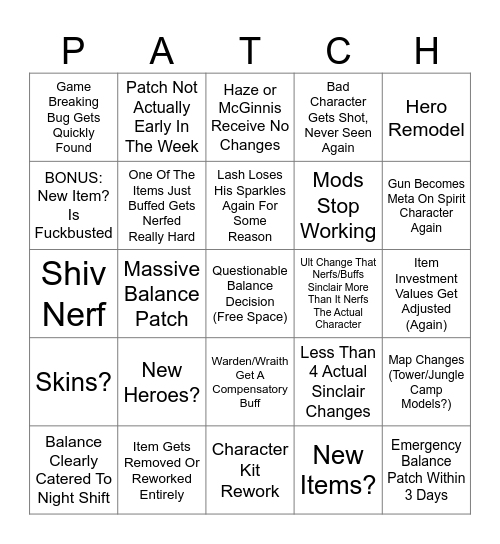 Deadlock Patch Bingo Card