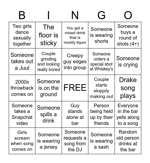 Night Out Bingo Card