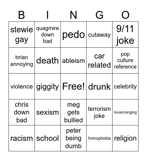 family gay bingo Card
