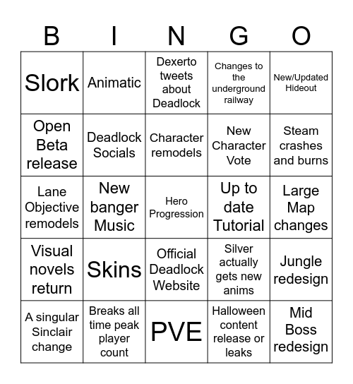Deadlock Major Patch Bingo Card