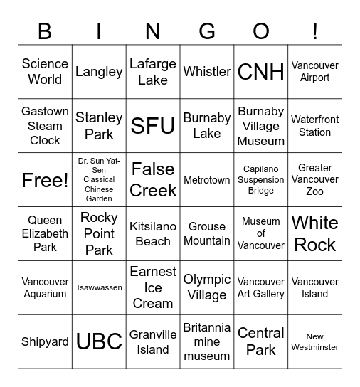 Coleopy Park Bingo Card