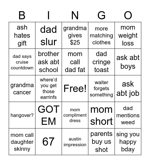 ash dinner Bingo Card