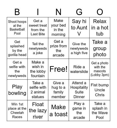 Chris & Alyson's After Party Weekend (Kid Friendly) Bingo Card