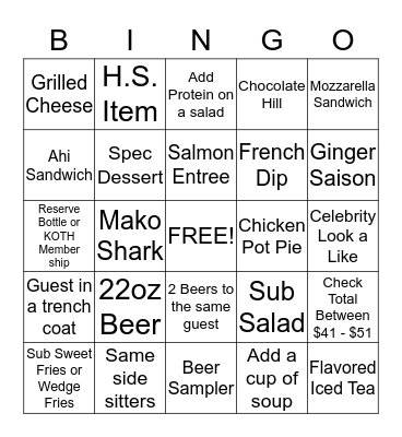 LunchTime Bingo Card