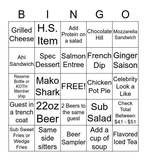 LunchTime Bingo Card