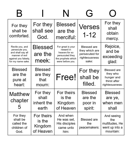 Beatitudes Bingo Card