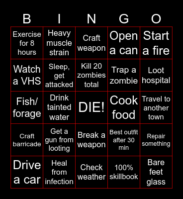 Project Zomboid Bingo Card