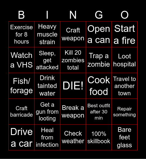 Project Zomboid Bingo Card