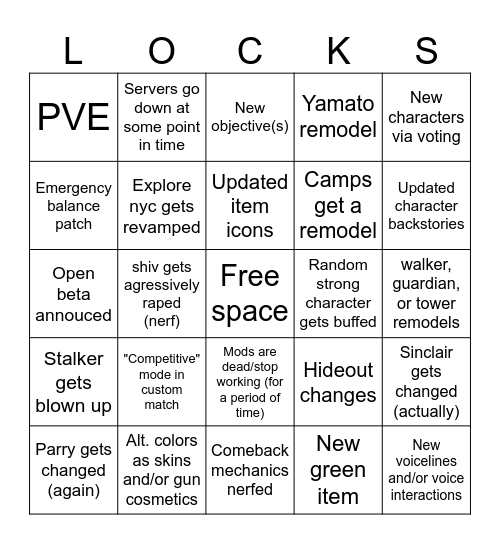 deadlock update Bingo Card
