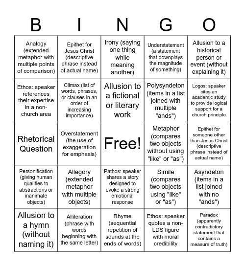 General Conference Rhetorical Bingo Card