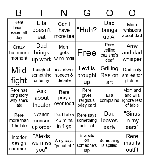 Unhinged birthday dinner Bingo Card