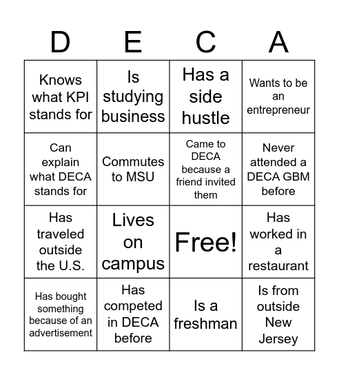 Montclair DECA Bingo Card
