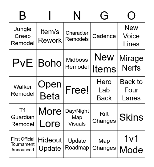 Deadlock September Update Bingo Card