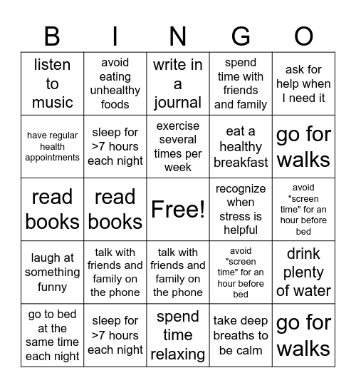 healthy-habits bingo game!! Bingo Card