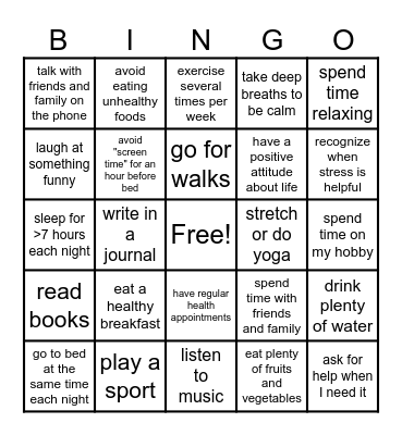 healthy-habits bingo game!! Bingo Card