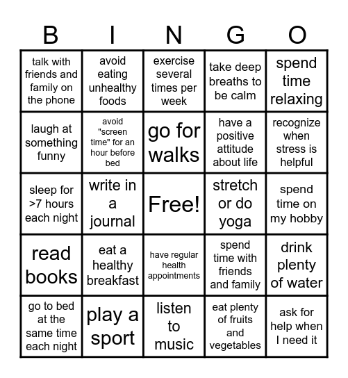 healthy-habits bingo game!! Bingo Card