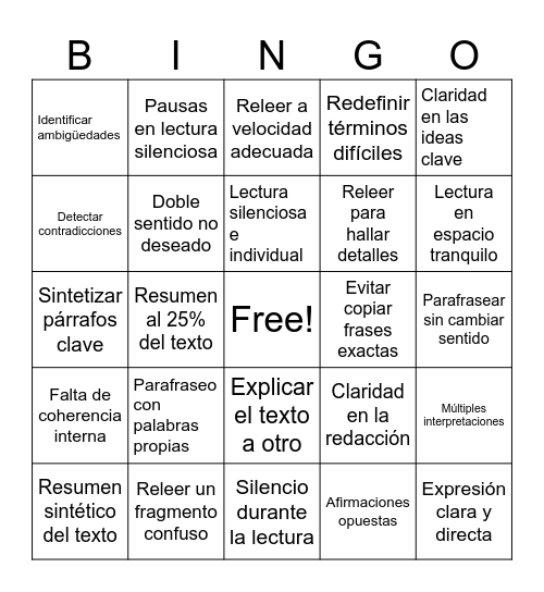 Bingo de comprensión lectora Bingo Card