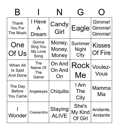 ABBA & Party Mix Bingo Card