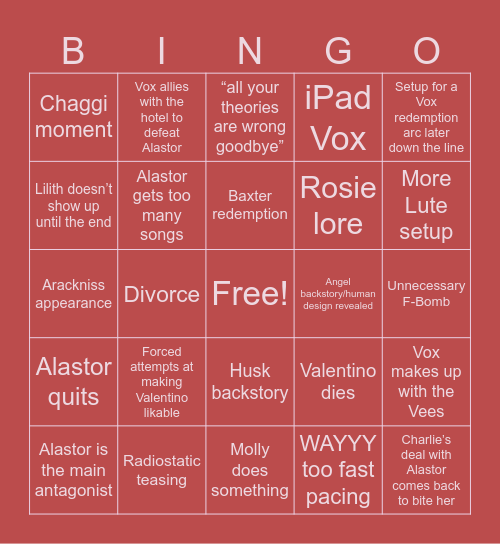 Hazbin Season 3 Bingo Card