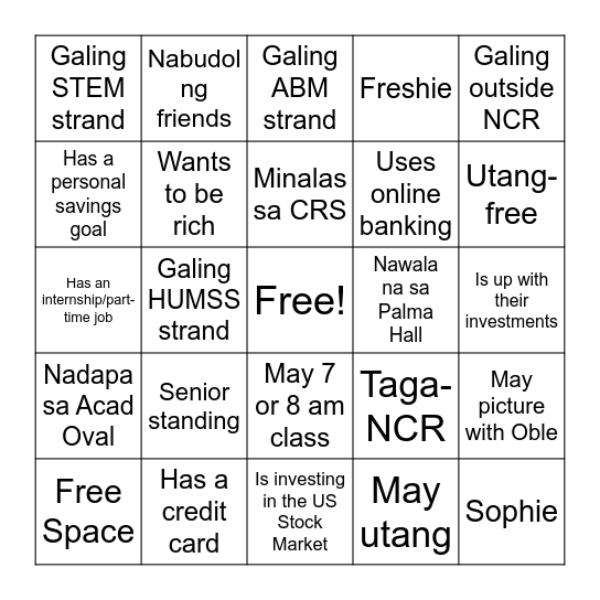 Investment Bingo Card