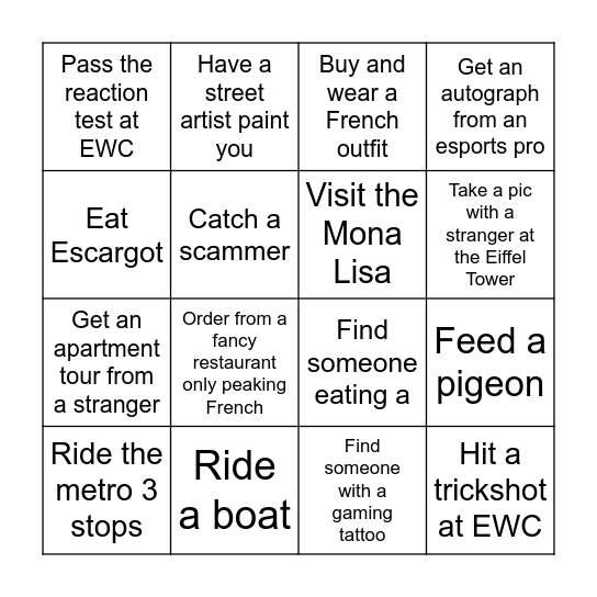 $10,000 BINGO IN REAL LIFE (PARIS EDITION) Bingo Card