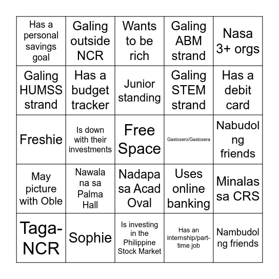 Investment Bingo Card