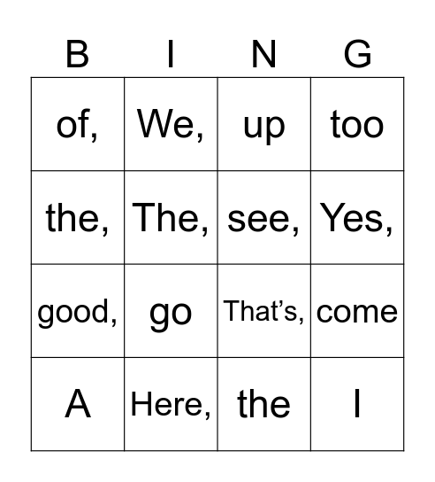 Sight Words Bingo Card