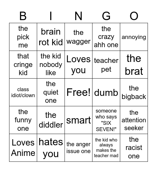 school kids *high school* Bingo Card