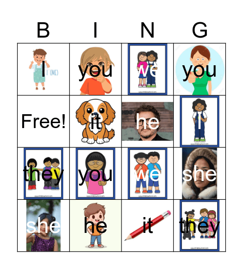 Pronoun Bingo Card