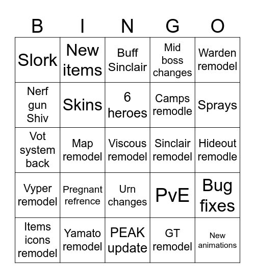 Deadlock Bingo Card