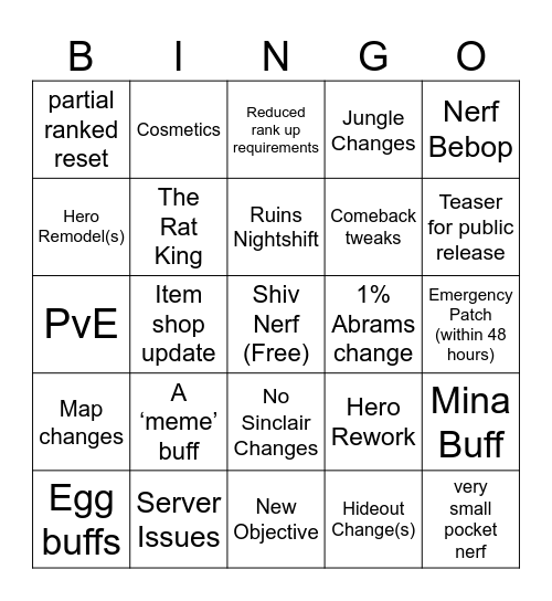 Deadlock Update Bingo Card