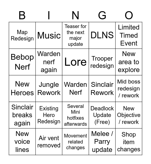 Deadlock Patch Bingo Card