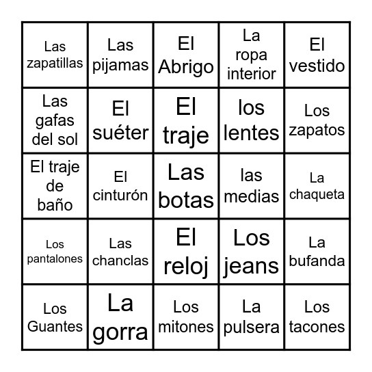 La Ropa Bingo Card