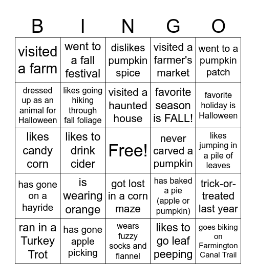 Fall Bingo Card
