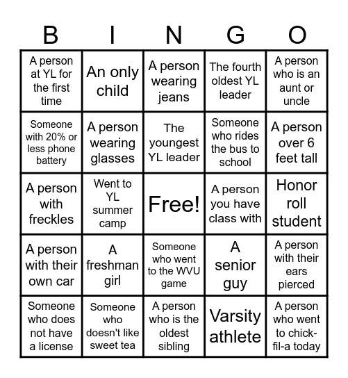 Young Life Bingo Card