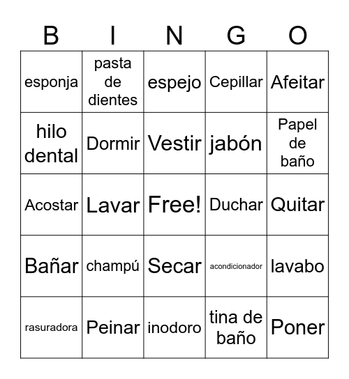 Spanish Personal Care & Hygiene Vocab Bingo Card
