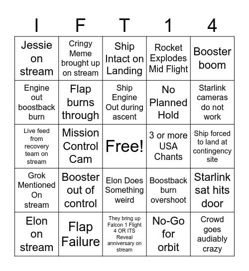 Starship Flight 14 Bingo Card