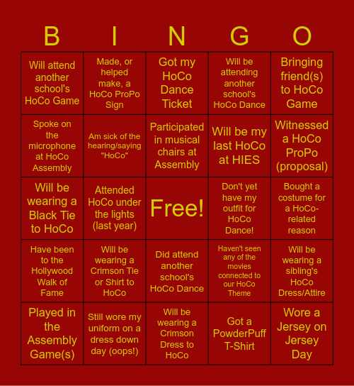 HOCO Bingo Card