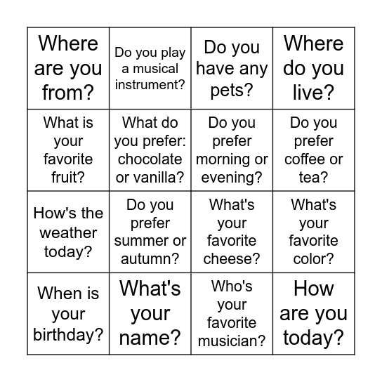 A1 Bingo Card
