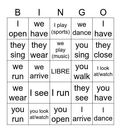 Español II preliminario Bingo Card