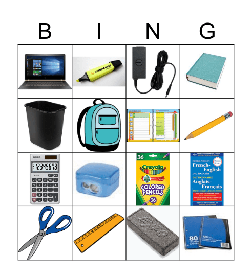 Les fournitures scolaires Bingo Card