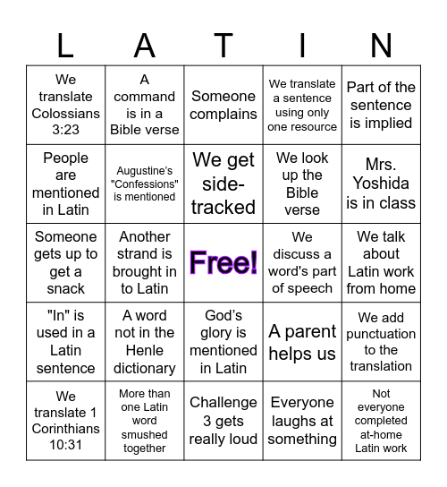 Latin Bingo Card