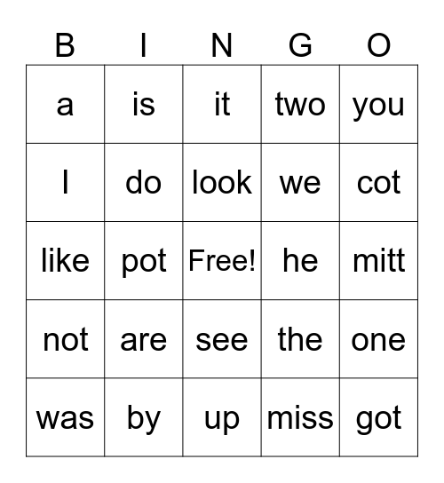 Sight Word Bingo Card