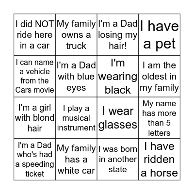 Daddy/Daughter Bingo Card
