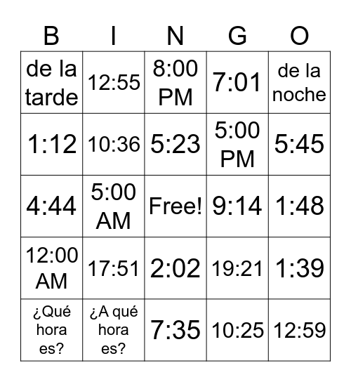 La hora Bingo Card