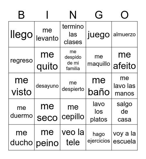 Reflexives and daily routine Bingo Card
