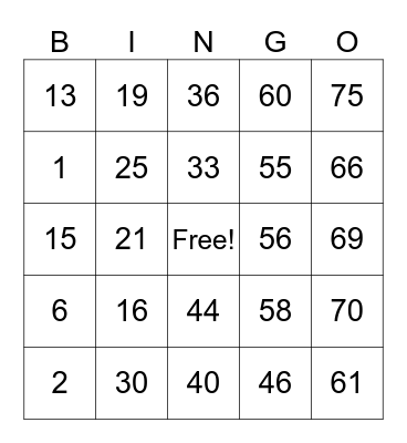 Zara Bingo Card